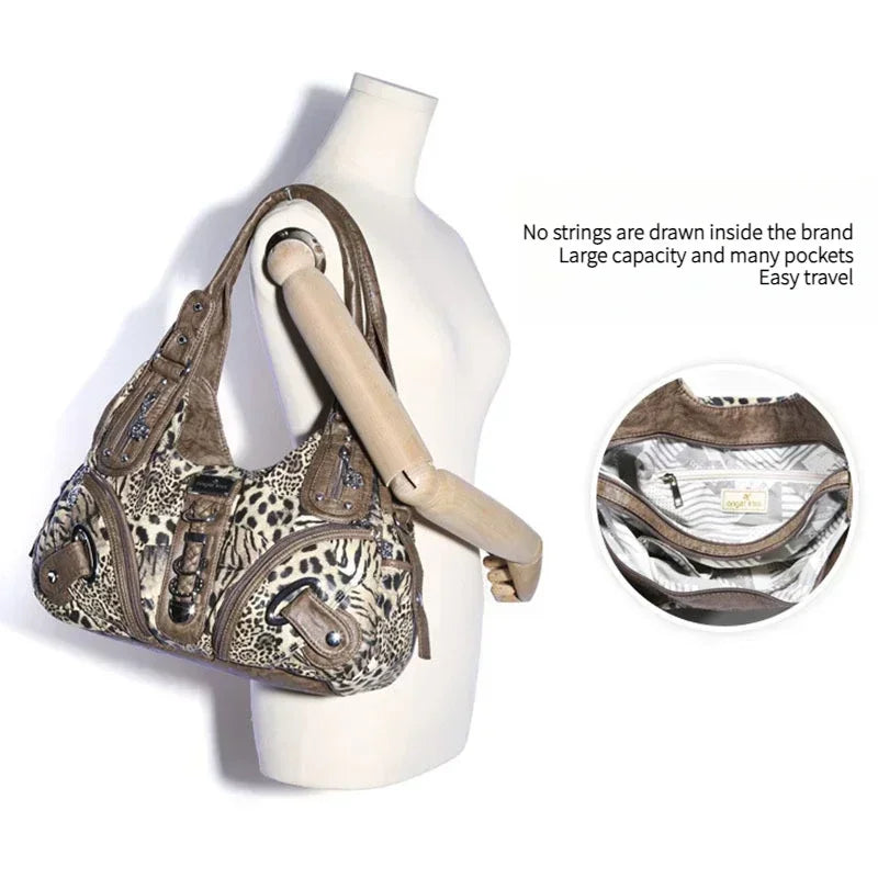 Bolsos de Mano Vintage con Estampado de Leopardo para Mujer, Estilo Punk Biker Y2K, Bolso de Hombro con Asa Superior, Bolsos de Axila para Dama, con Múltiples Bolsillos