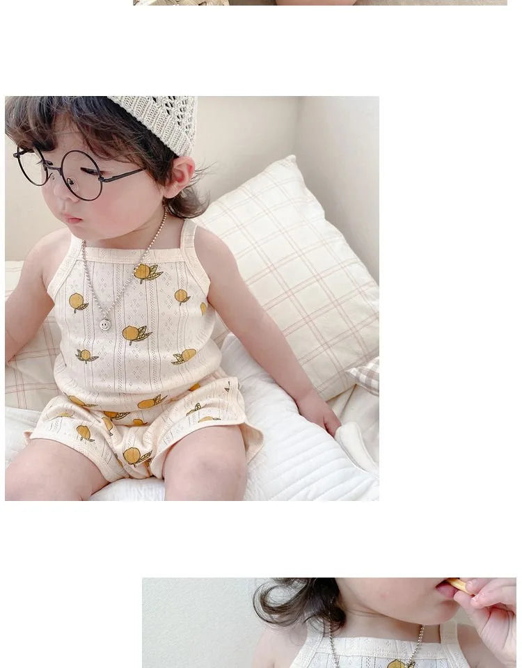 NOVEDAD DE VERANO 20225, Tops sin mangas para bebé y pantalones cortos de cintura ajustada, traje de 2 piezas, conjunto de ropa con cuello cuadrado para niñas, ropa de algodón para niños