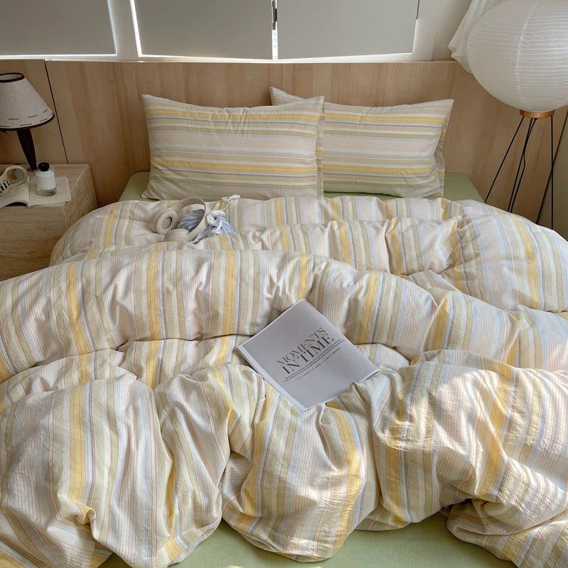 Juego de cama suave de algodón 100%, funda nórdica con estampado de rayas y funda de almohada, ropa de cama, colcha, fundas de almohada, juegos de edredón