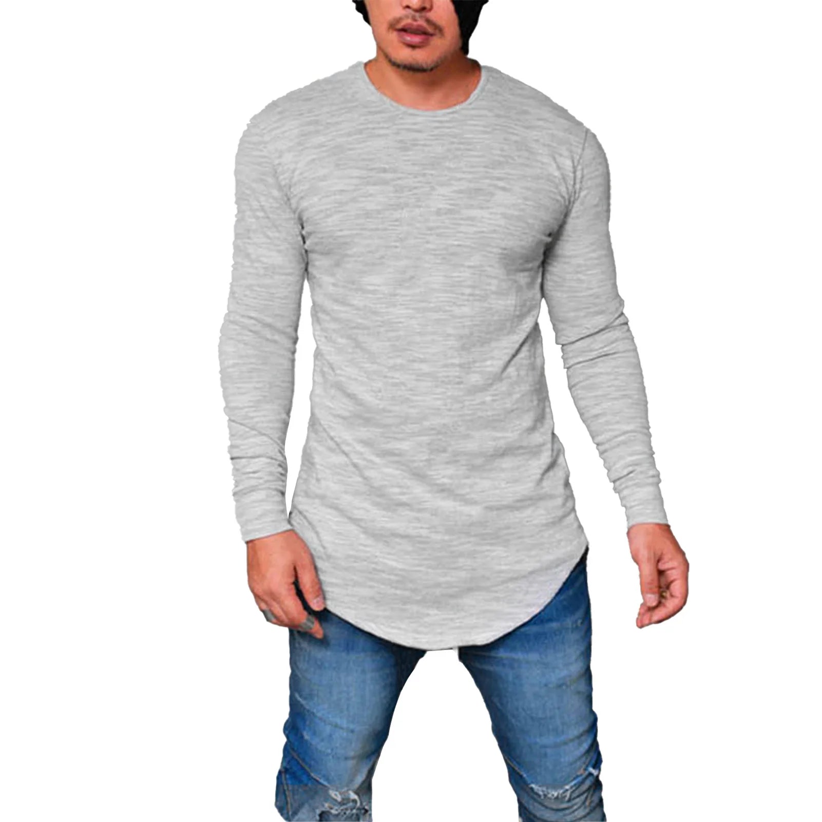 Camisa de manga larga para hombre, corte Regular, cuello redondo, ajustada, Color liso, informal, camiseta muscular