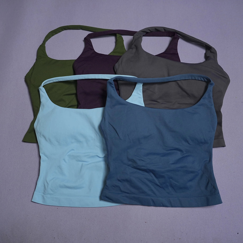 DHHUG Top deportivo para mujer, camiseta sin costuras para yoga con relleno extraíble, top deportivo sin mangas con cuello en V, para gimnasio y correr