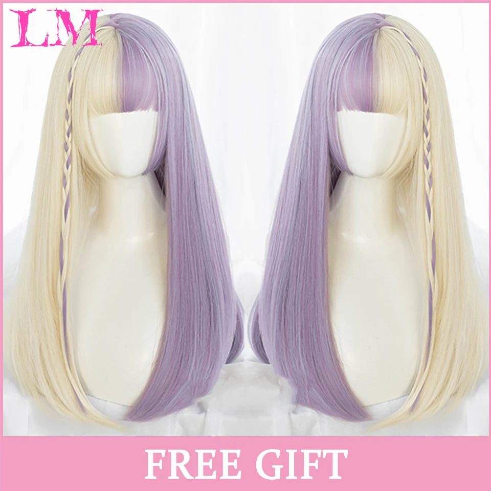 Pelucas sintéticas largas y rectas LM, color azul claro con reflejos de ceniza, peluca de Cosplay con flequillo para mujeres, pelo Natural, fibra resistente al calor