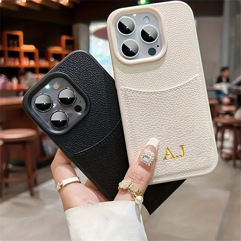Funda personalizada con nombre inicial para iPhone 12, 13, 14, 15 16 Pro Max, bolsa de cuero de lujo con ranura para tarjetas, funda con patrón de lichi