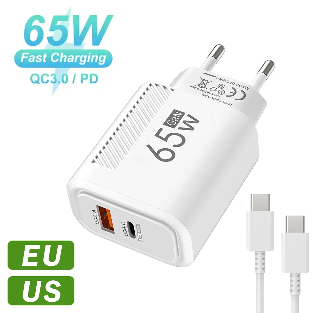 Cargador de USB-C de 65W GaN, Cable PD tipo C de carga rápida, adaptador de teléfono móvil para iPhone 16, Xiaomi, Samsung, Xiaomi, QC 3,0, cargador de pared