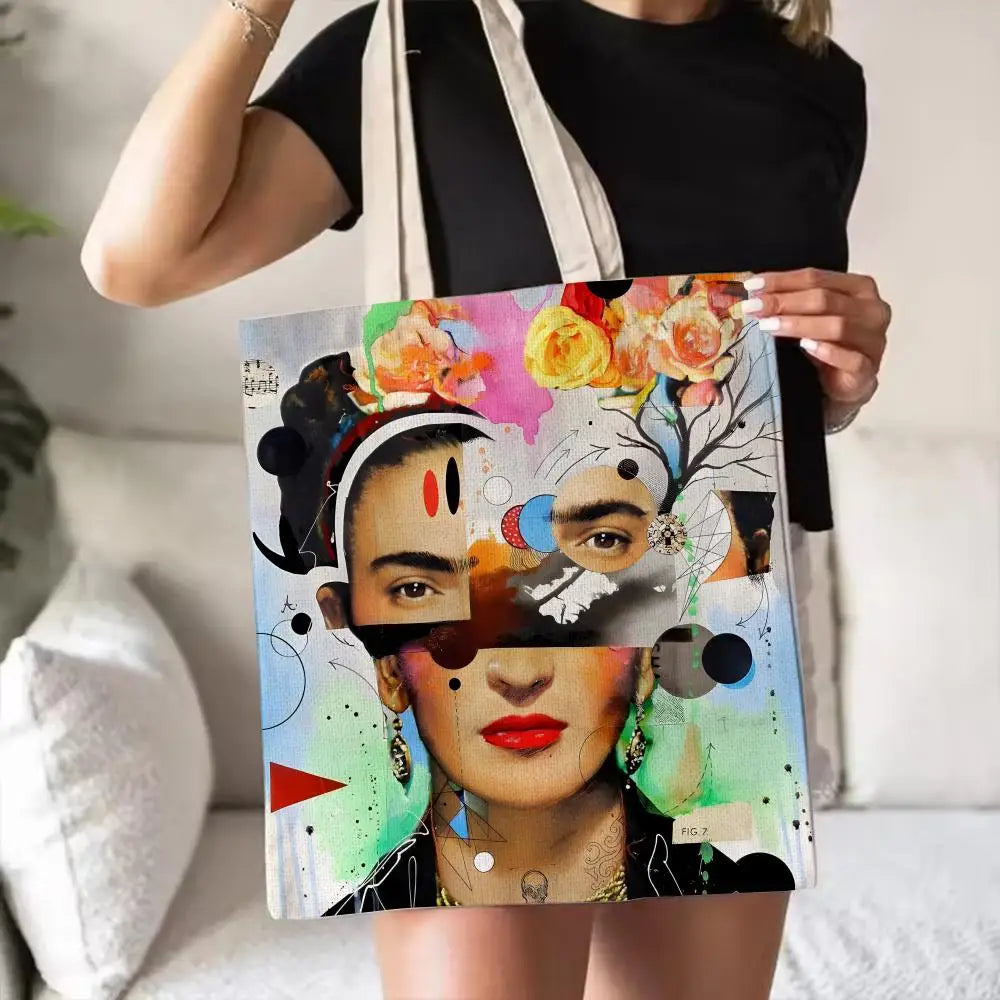 Bolsos de Almacenamiento Art F-Frida Kahlo, Bolso Tote de Lona con Estampado a Doble Cara, Bolso de Hombro de Gran Capacidad para Mujer