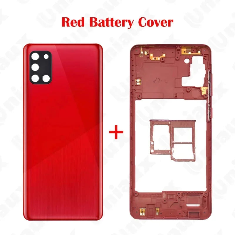 Para Samsung Galaxy A31 A315F A315G A315N A315 carcasa completa marco medio A31 cubierta trasera de batería puerta trasera con reemplazo adhesivo