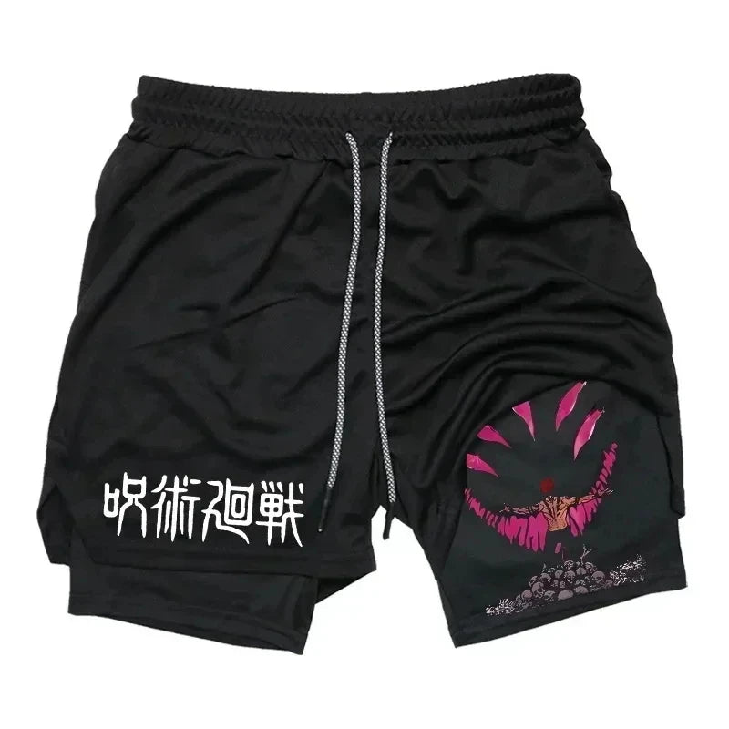 Pantalones cortos deportivos para hombre Jujutsu Kaisen Anime Graphic 2 en 1 pantalones cortos de compresión para hombre pantalones cortos de rendimiento de gimnasio de secado rápido atléticos
