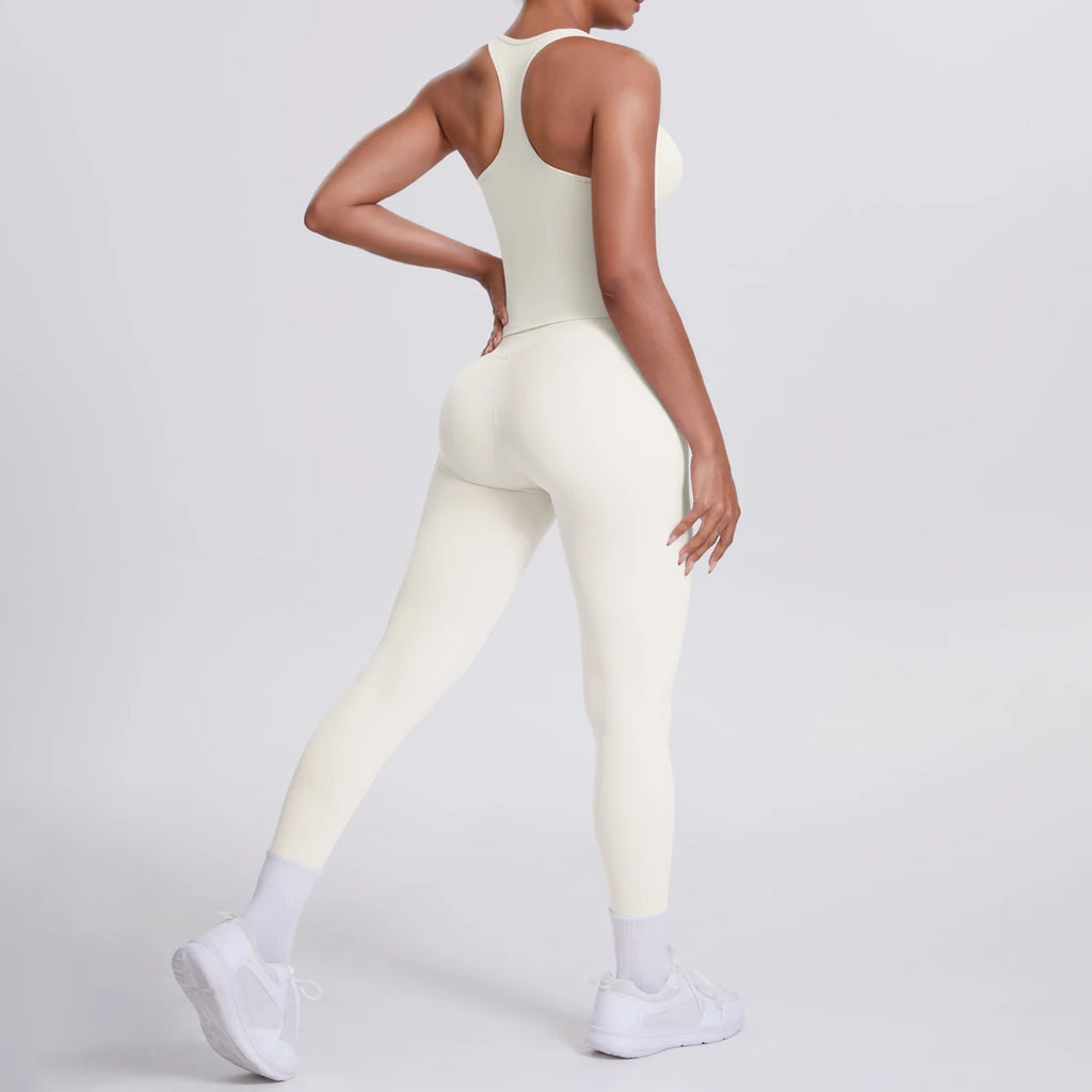 Hamidou - Conjunto de yoga de 2 piezas para mujer: leggings de fitness de secado rápido con efecto push-up y top deportivo con espalda en I de color liso.