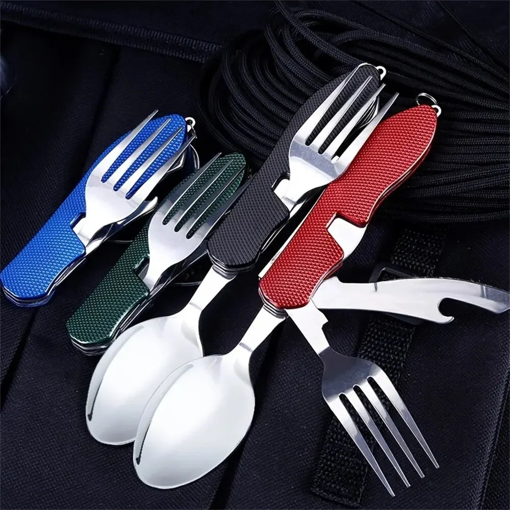 Juego de utensilios de camping plegables 4 en 1, cuchillo multifuncional, tenedor, cuchara, abridor de botellas para supervivencia al aire libre, deportes, camping y senderismo.