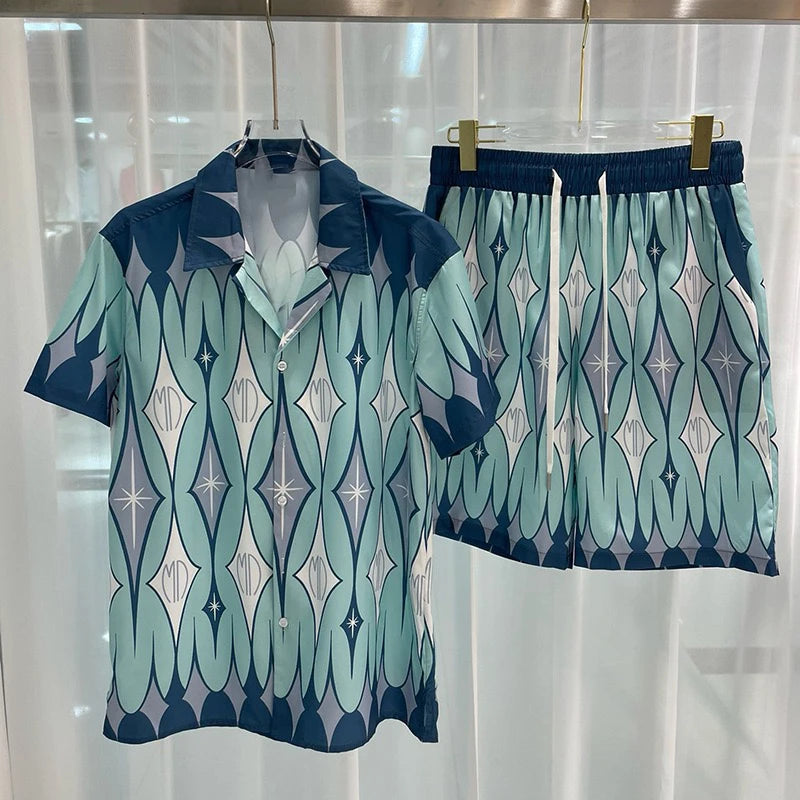 Conjuntos de camisa hawaiana Social de lujo para hombre, Top de manga corta con solapa a la moda, pantalones cortos, traje de 2 piezas, traje informal holgado para hombre