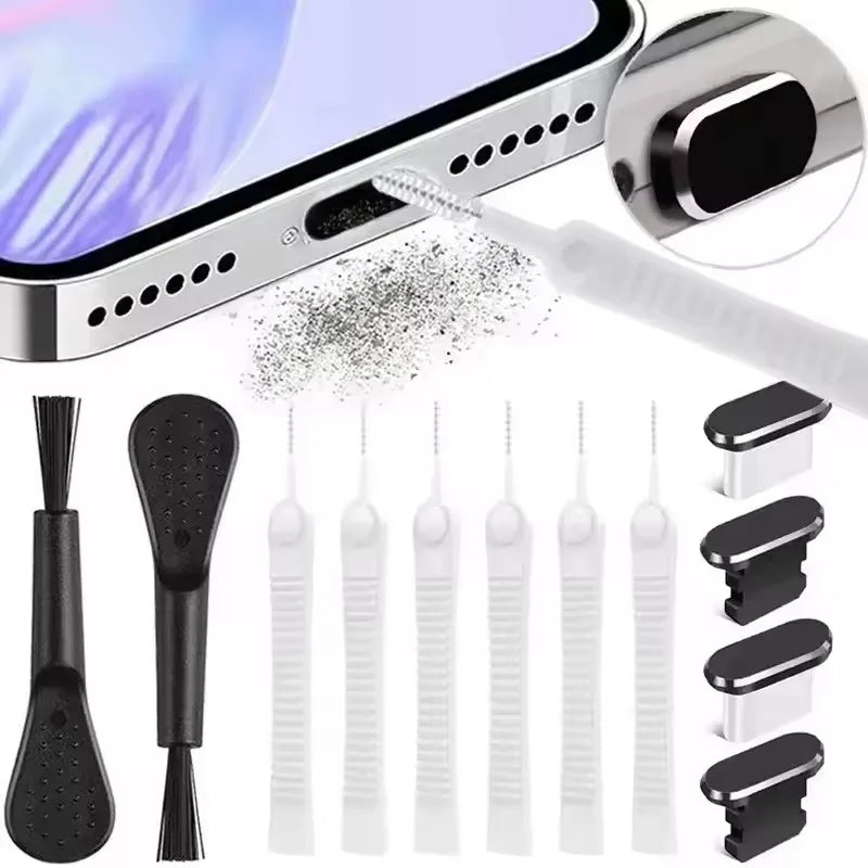 Puerto de carga para teléfono móvil, tapón antipolvo con cepillo de limpieza para IPhone 17 16 15 14Pro Max Plus Samsung Xiaomi IOS tipo C, juego de limpieza