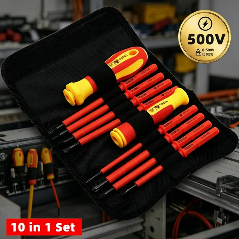 Juego de 10 Destornilladores Aislados VDE 500V, con Puntas Magnéticas Intercambiables y Estuche, para Electricistas Profesionales y Domésticos