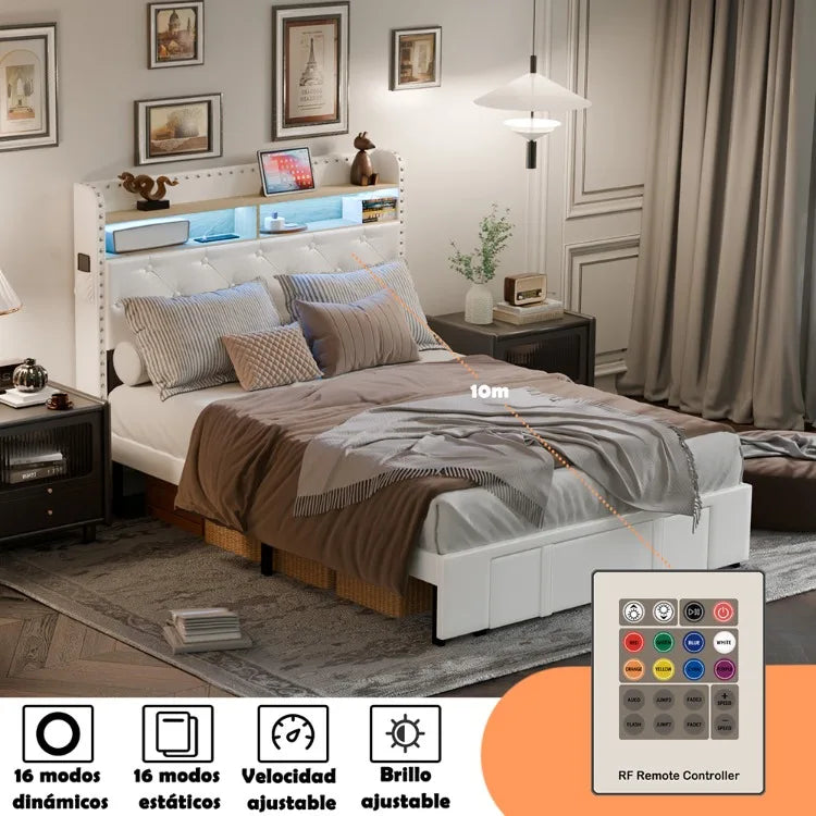 Cabecero de madera, marco de cama, almacenamiento de luces Led, estación de carga, plataforma de Metal regulable, muebles Wingback de estilo moderno