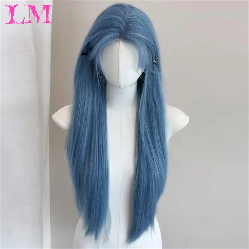 Pelucas sintéticas largas y rectas LM, color azul claro con reflejos de ceniza, peluca de Cosplay con flequillo para mujeres, pelo Natural, fibra resistente al calor