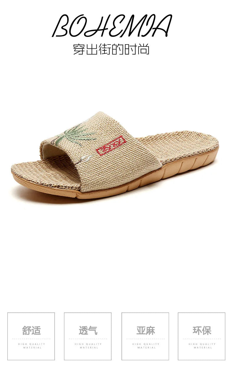 Zapatillas de lino antideslizantes para mujer, sandalias bordadas para el hogar, interior, Verano