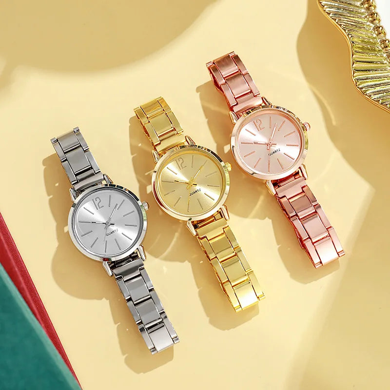 Reloj de lujo para Mujer, esfera redonda Simple, pulsera de oro de moda inoxidable, Reloj de pulsera de cuarzo, relojes para estudiantes y Mujer