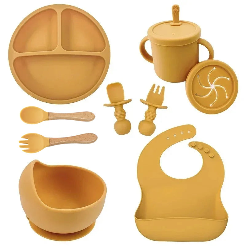 Juego de alimentación de bebé de silicona sin BPA, cuenco con ventosa, plato de comedor, taza de paja, cuchara, tenedores para niños, vajilla para bebés, platos para niños