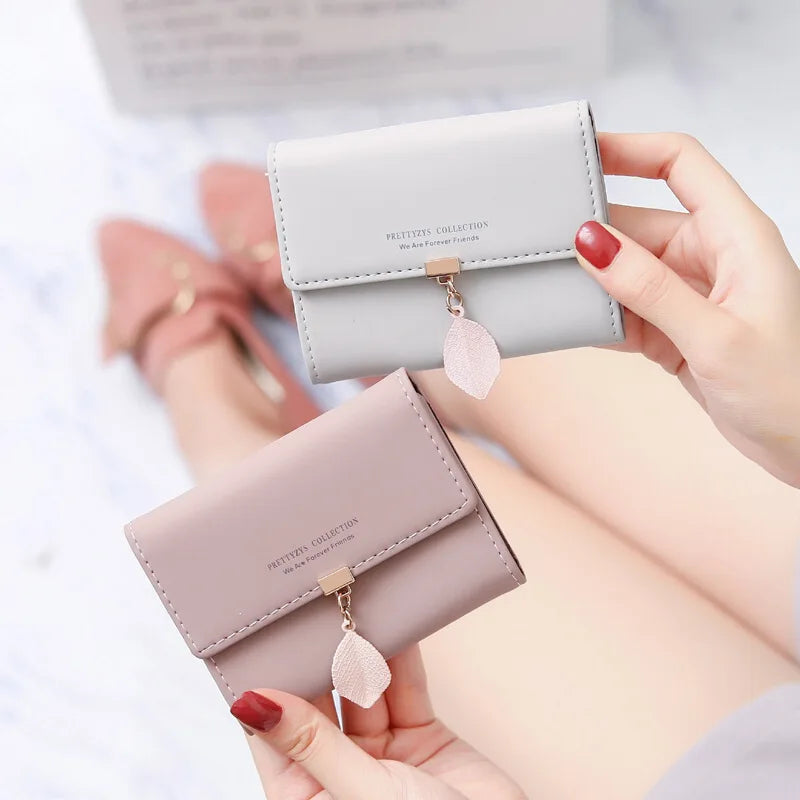 Cartera de mujer con bonita hoja de acordeón, Mini tarjetero, monedero corto a la moda, billetera Simple de color sólido, monedero delgado múltiple