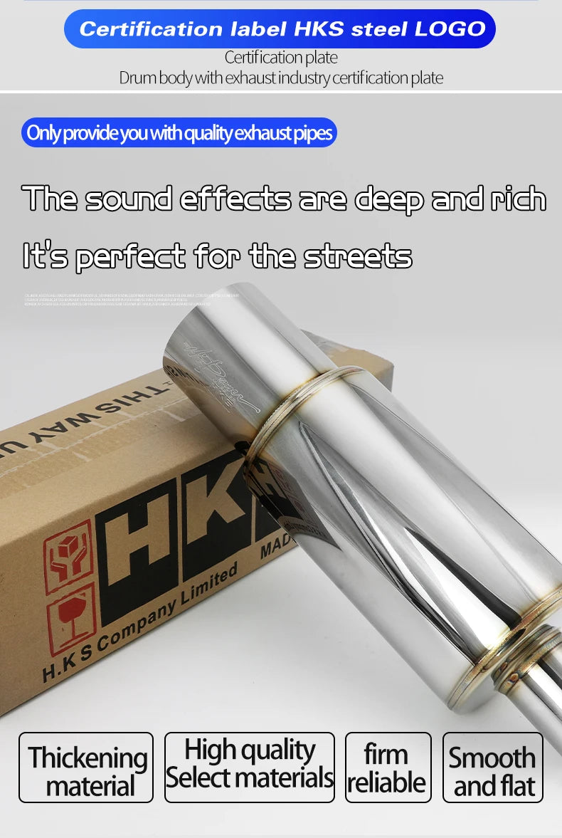 Tubo de escape de coche, piezas modificadas, silenciador HKS, tubo de escape recto, salida Universal 89MM, plata brillante, azul, acero inoxidable 51 63 76mm apto