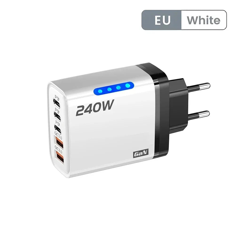 Cargador USB C GaN 5 en 1 de 240W, adaptador de carga rápida para teléfono, PD QC3.0, enchufe europeo/estadounidense/británico, cargador de pared para iPhone, Samsung, Xiaomi
