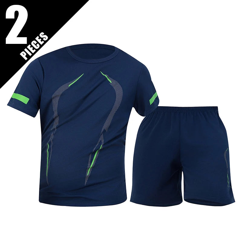 Conjunto de manga corta para hombre de las cuatro estaciones, camiseta estampada de secado rápido para deportes juveniles, Fitness, correr, cómodo e informal, 2 piezas