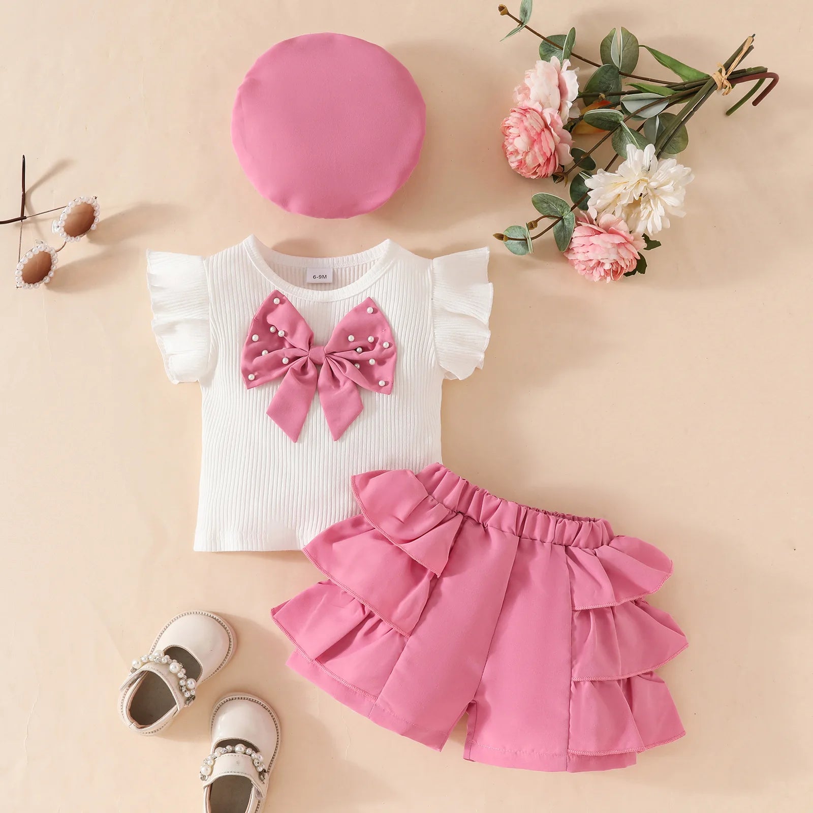 Conjunto de ropa de Año Nuevo para niñas de 0 a 3 años, Top de manga larga con lazo grande, falda Irregular y boina, ropa de Navidad para niños pequeños de 3 uds.