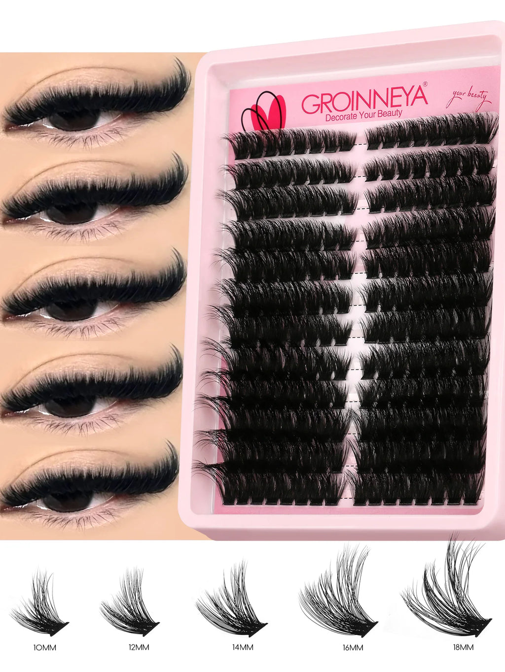 GROINNEYA grupos de pestañas pestañas de gato extensiones de pestañas individuales tenues volumen grupos esponjosos pestañas DIY maquillaje de pestañas