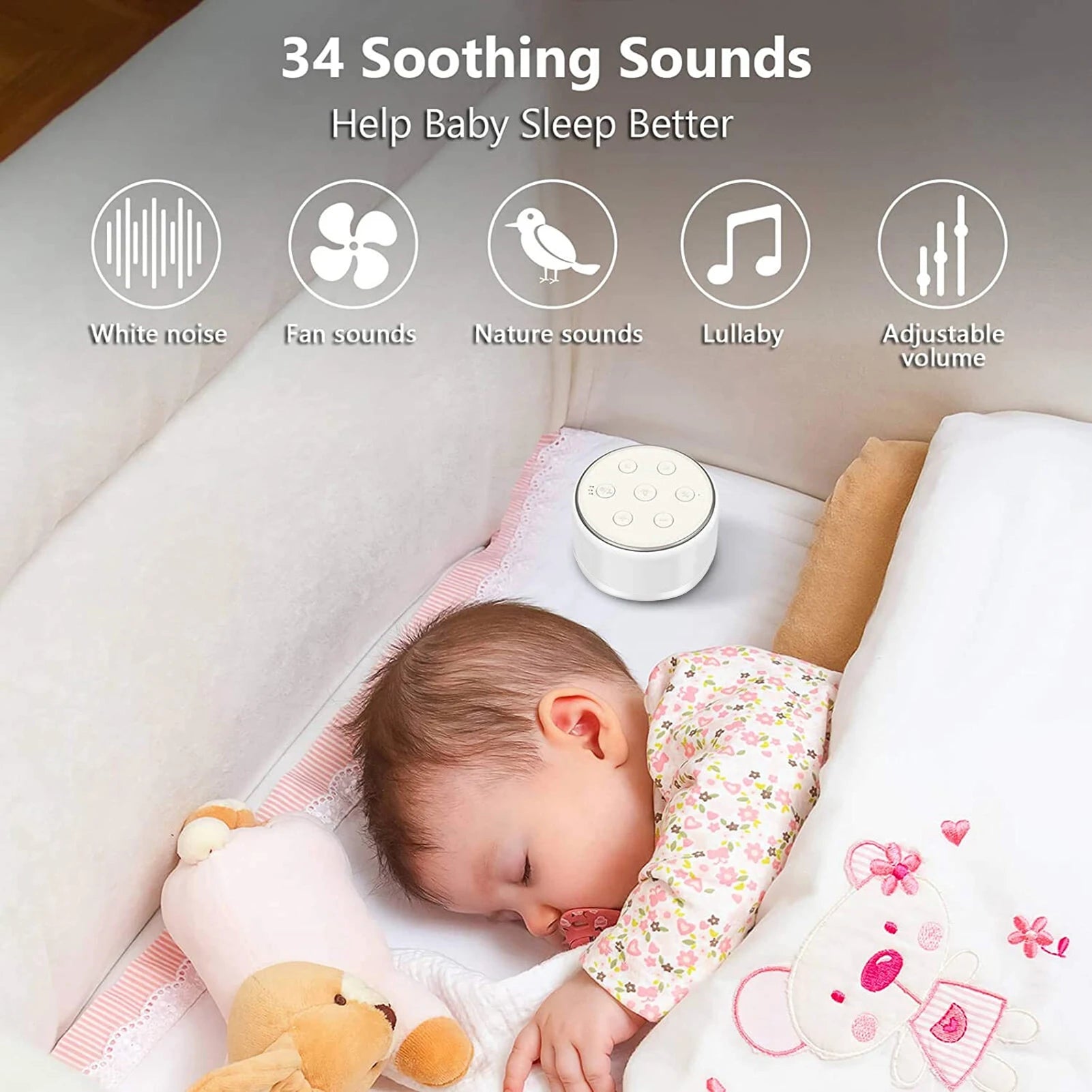 Máquina de ruido blanco de escritorio, máquina de sonido para dormir para bebé, chupete para dormir, luces nocturnas de 7 colores, 34 sonidos relajantes, 30min/60min/90m