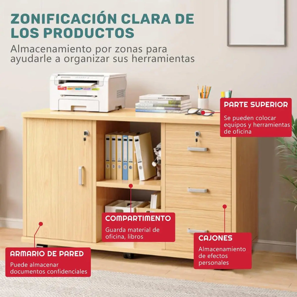 Archivador con 3 Cajones y Puerta con Cerrojo,Multifunción Gabinete de Almacenamiento,Mueble Organizador Bajo Escritorio para Impresora, Estantes Ajustables,Oficina en Casa, 90x34x59cm