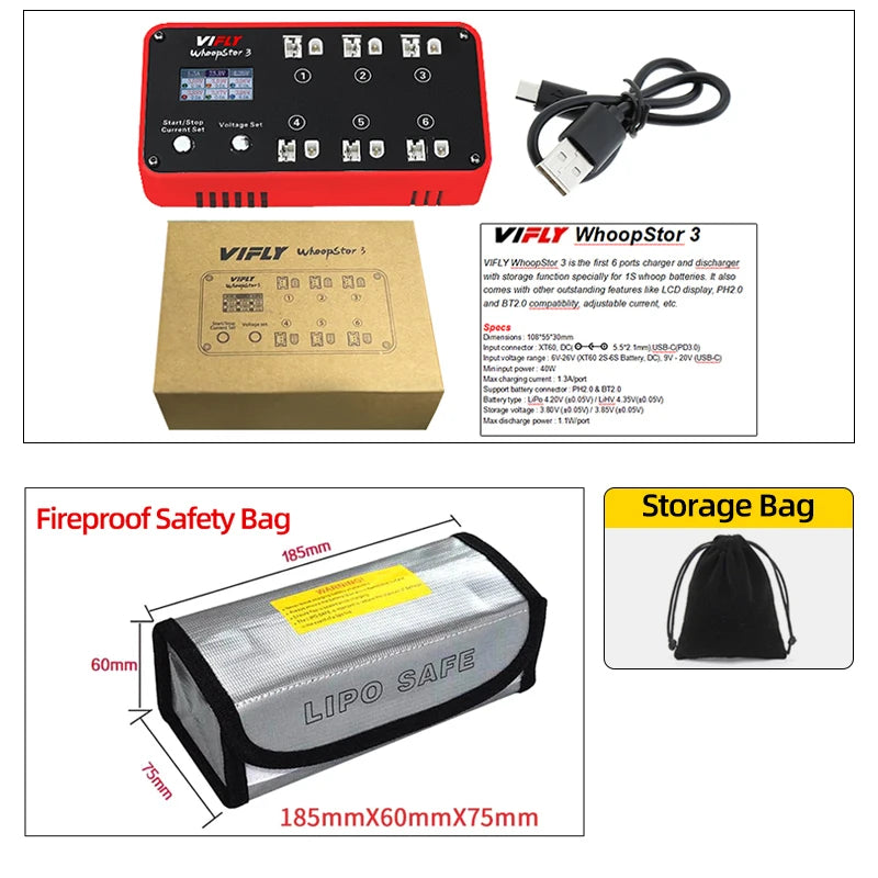 VIFLY-cargador de batería WhoopStor 3 V3, 6 puertos, 1S, LIPO, LiHV, descargador de almacenamiento, TYPE-C LCD, TX60 DC, para RC FPV, BT2.0, PH2.0, nuevo