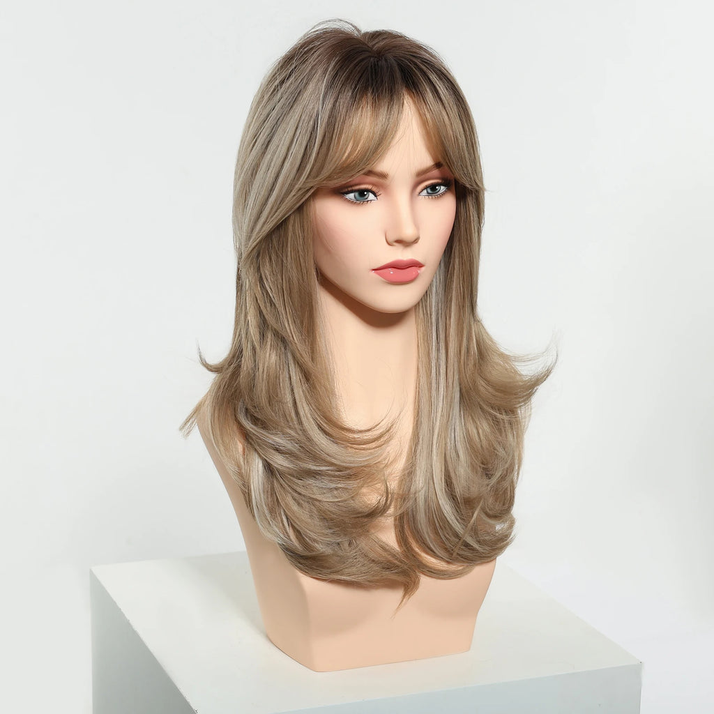 Pelucas Allbell Magique de largo ondulado en capas, pelo marrón miel con flequillo lateral para mujeres, pelucas sintéticas naturales resistentes al calor para uso diario