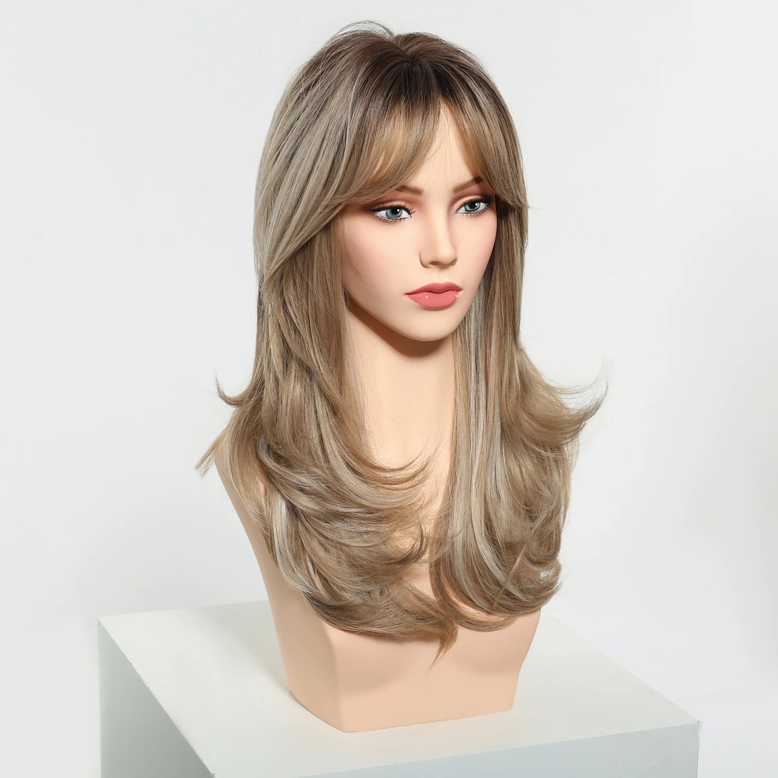 Pelucas Allbell Magique de largo ondulado en capas, pelo marrón miel con flequillo lateral para mujeres, pelucas sintéticas naturales resistentes al calor para uso diario