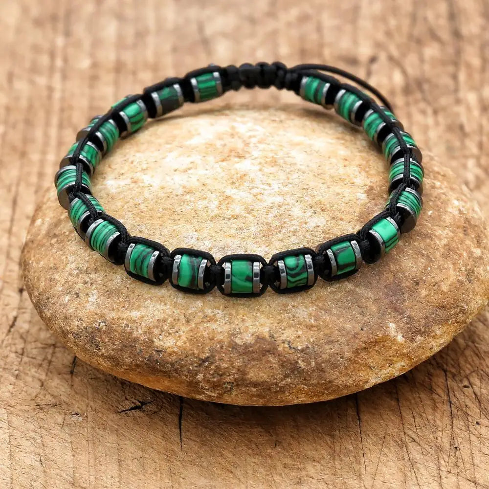 Pulsera trenzada de cuentas de hematita de malaquita de 3x6mm, pulsera tejida hecha a mano con abalorio de Yoga bohemio, joyería de moda para hombres y mujeres