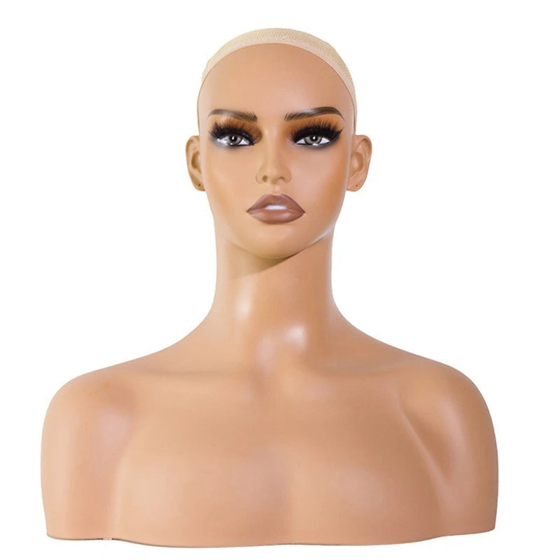 Cabeza de peluca femenina, maniquí de piel marrón claro, maquillaje realista, cabeza de maniquí, soporte para peluca, 1,8 kg/unidad, cabeza simulada de relleno de espuma para pelucas