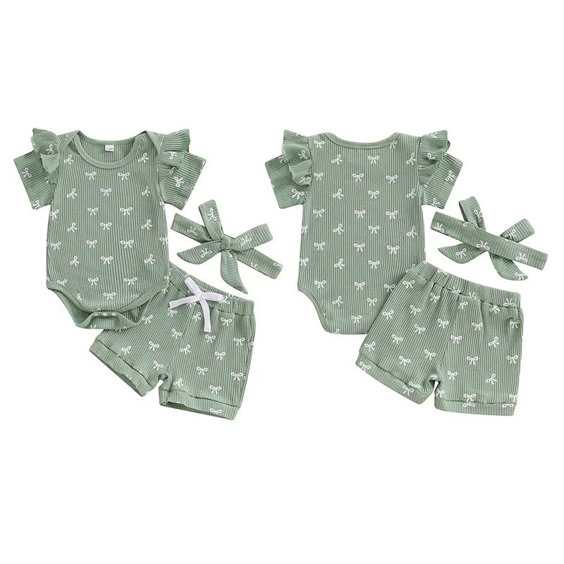 Conjuntos de verano para niña de 0 a 18 meses, pelele de manga corta con estampado de lazo, pantalones cortos de cintura elástica y diadema, conjunto de 3 uds.