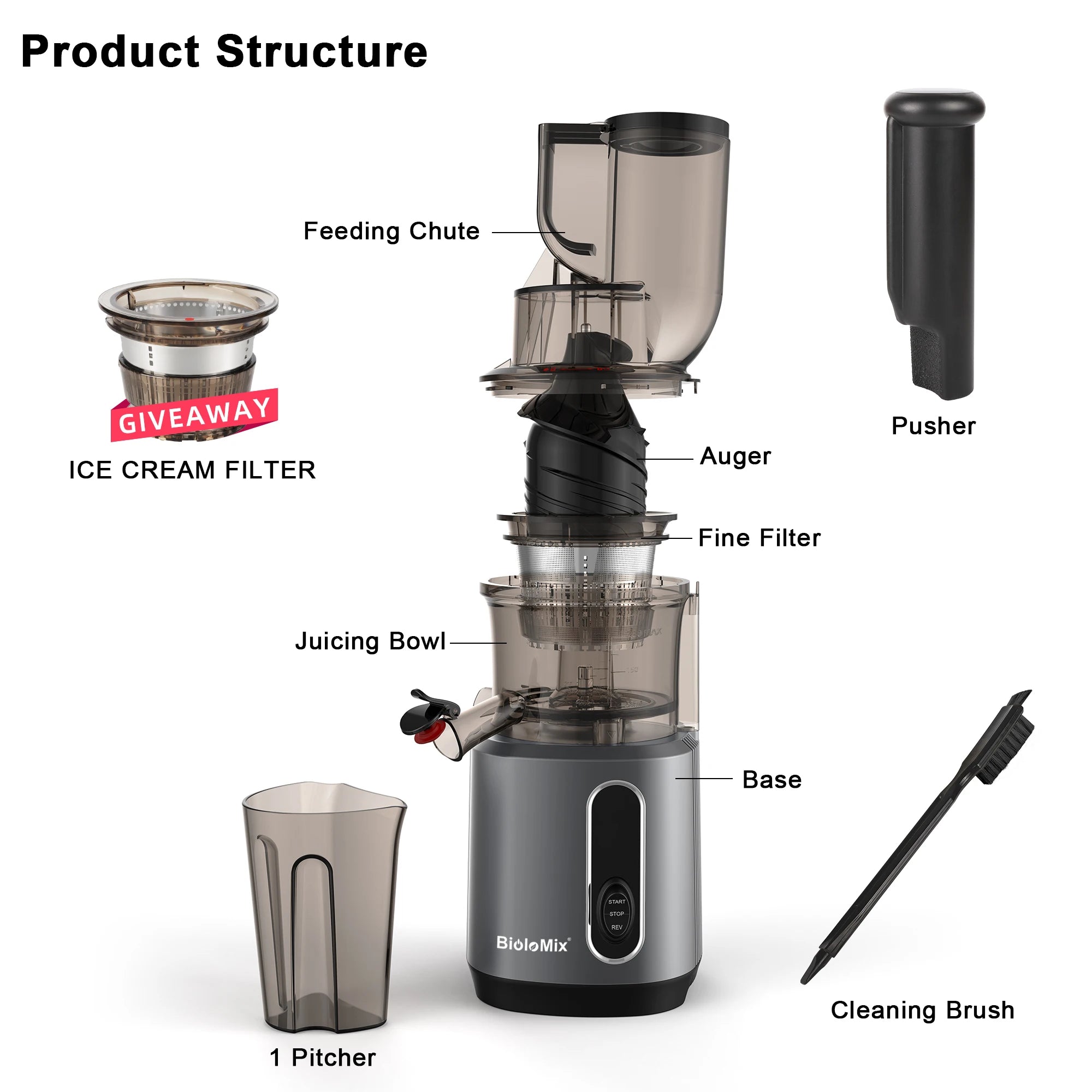 BioloMix-exprimidor de prensa en frío con conducto de alimentación de 78mm, potente Motor de 200W, 40-65RPM, Extractor de zumo de masticulación lenta, se adapta a frutas completas