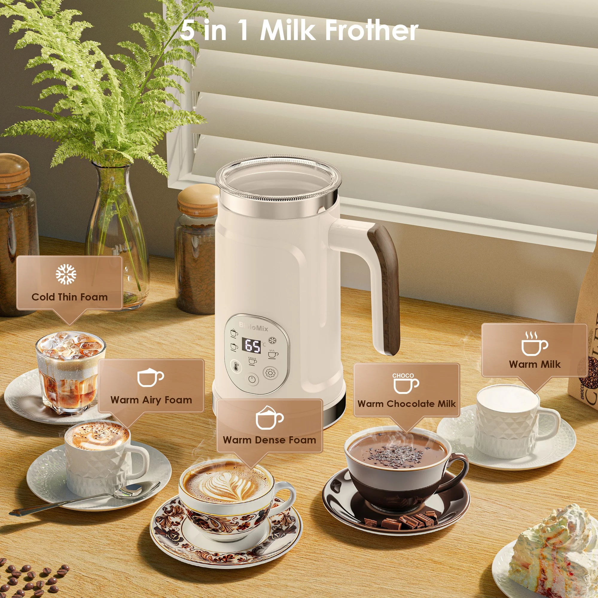 BioloMix Espumador de leche 5 en 1 con pantalla táctil LED mejorada - Calentador de leche para café con leche caliente y fría