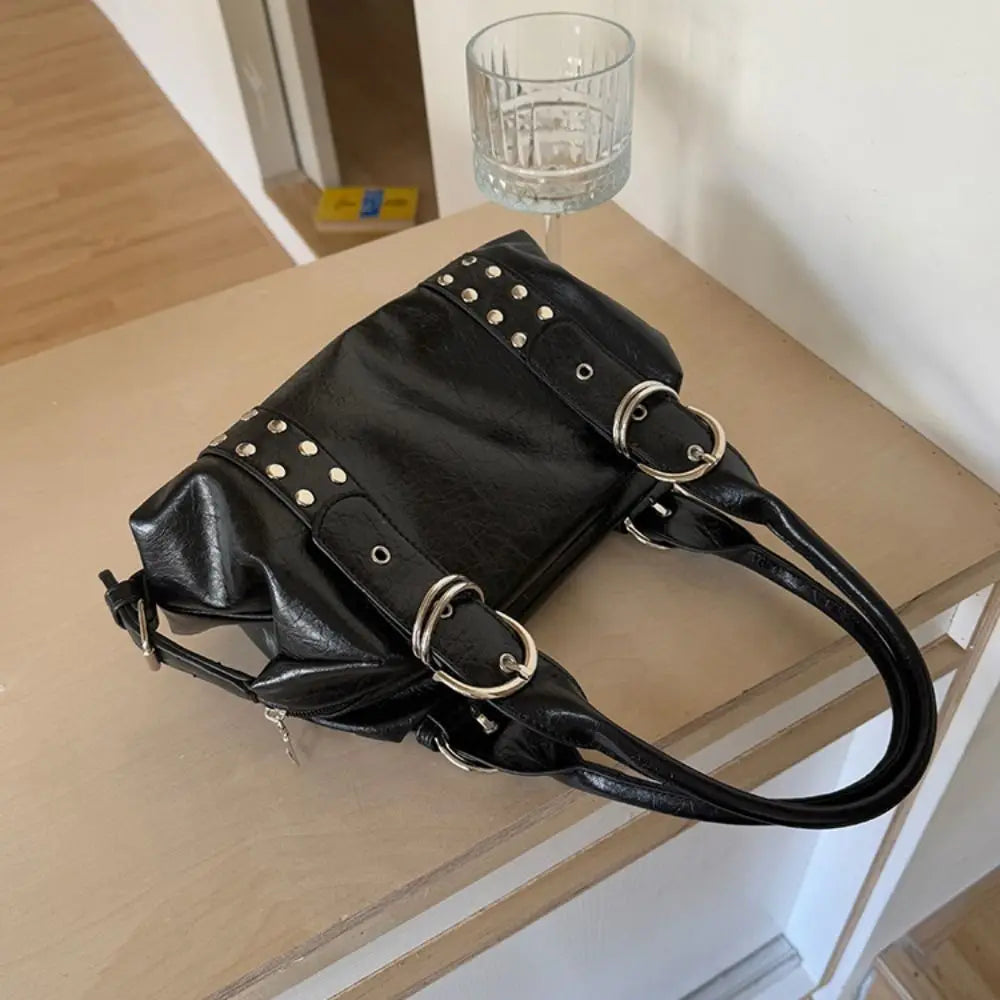Bolso de Hombro Retro Y2K Simple con Remaches, Bolso de Motocicleta de Cuero PU Estilo Spicy Girl, Bolso Tote de Moda Coreana para Chicas