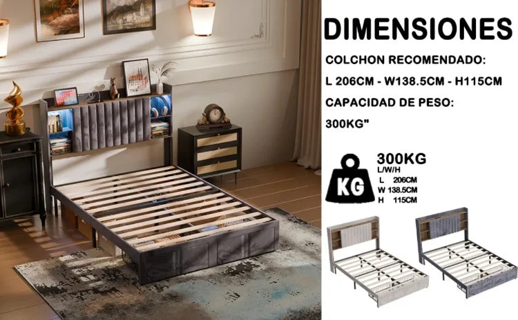 Base de Cama de Plataforma de Madera con Cajones de Almacenamiento, Tamaño Matrimonial, con Luces LED y Estación de Carga, No Requiere Somier, Gris
