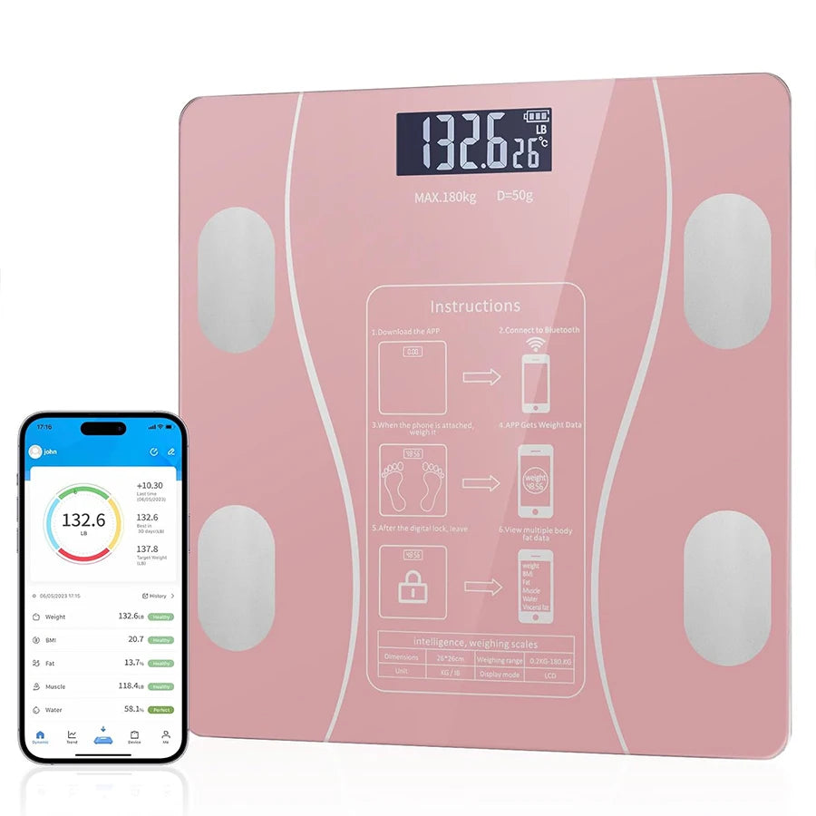 Báscula inteligente de grasa corporal con Pantalla LED - báscula de baño digital con bluetooth, medición precisa de la composición corporal, masa muscular, IMC y análisis de agua corporal