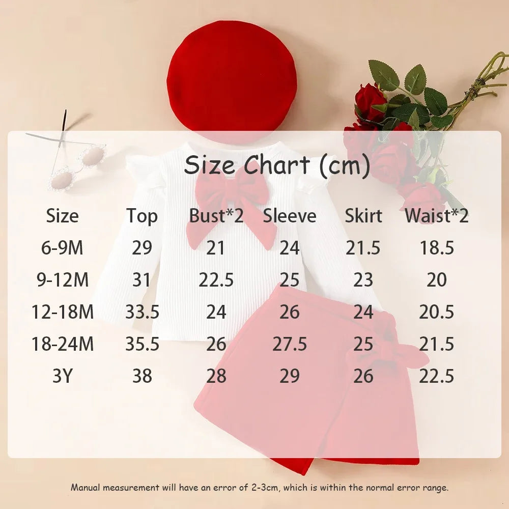 Conjunto de ropa de Año Nuevo para niñas de 0 a 3 años, Top de manga larga con lazo grande, falda Irregular y boina, ropa de Navidad para niños pequeños de 3 uds.
