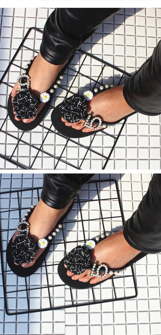 Sandalias Hechas a Mano con Suela Plana Antideslizante, Decoradas con Perlas, con Diseño de Flor de Camelia, Chanclas de Play...