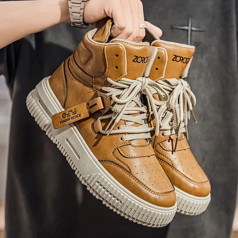 Botines de Cuero de moda, zapatillas de Skate para hombre, cómodas, antideslizantes, suela resistente al desgaste, botas de invierno, zapatos informales de calle Preppy