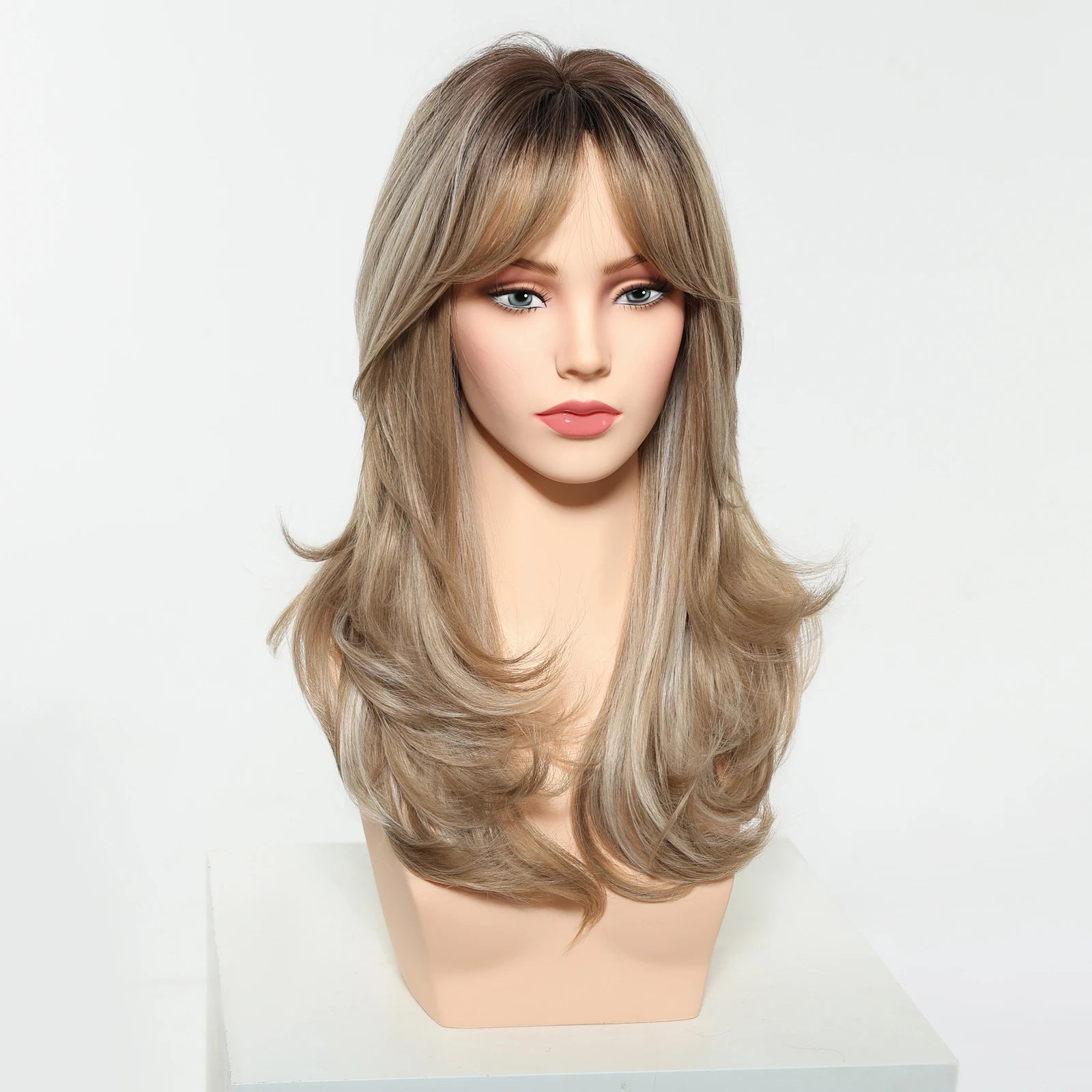 Pelucas Allbell Magique de largo ondulado en capas, pelo marrón miel con flequillo lateral para mujeres, pelucas sintéticas naturales resistentes al calor para uso diario