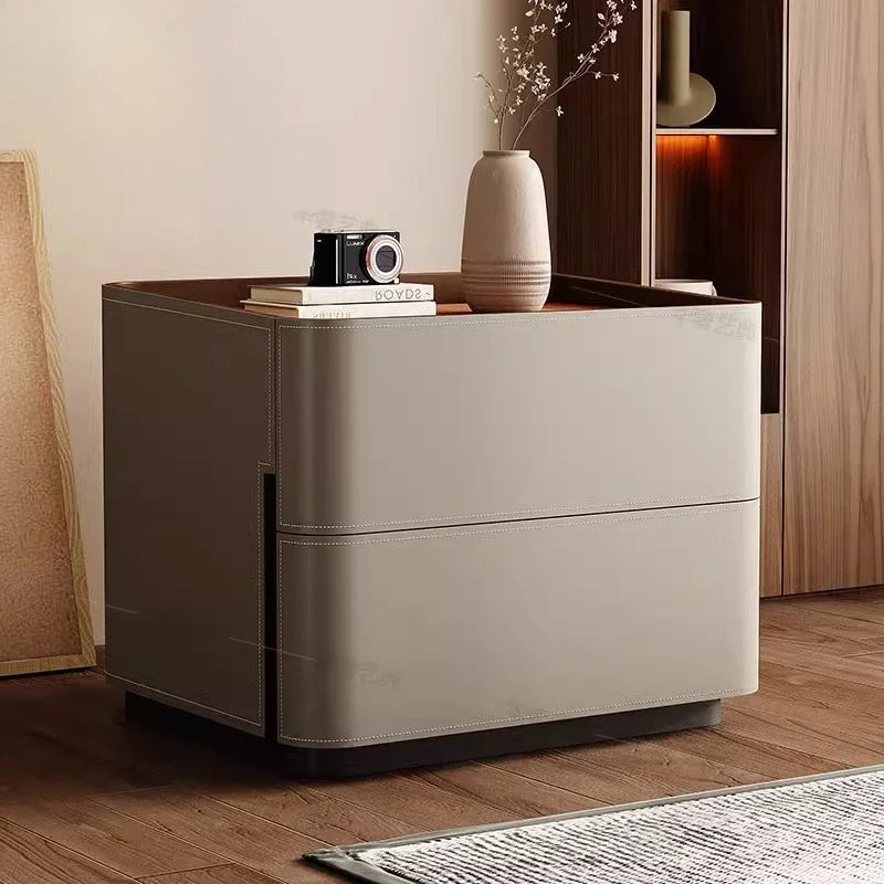 Mesita de Noche de Cuero con Cajones, Almacenamiento Estético para Dormitorio, Mesitas de Noche Modernas de Lujo, Muebles para el Hogar que Ahorran Espacio