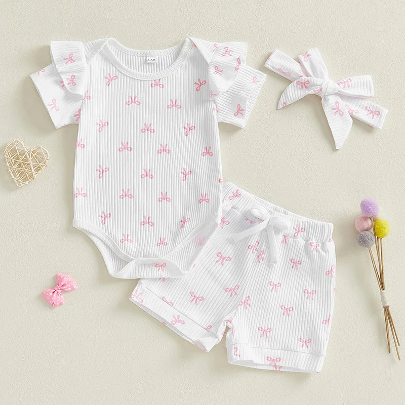 Conjuntos de verano para niña de 0 a 18 meses, pelele de manga corta con estampado de lazo, pantalones cortos de cintura elástica y diadema, conjunto de 3 uds.