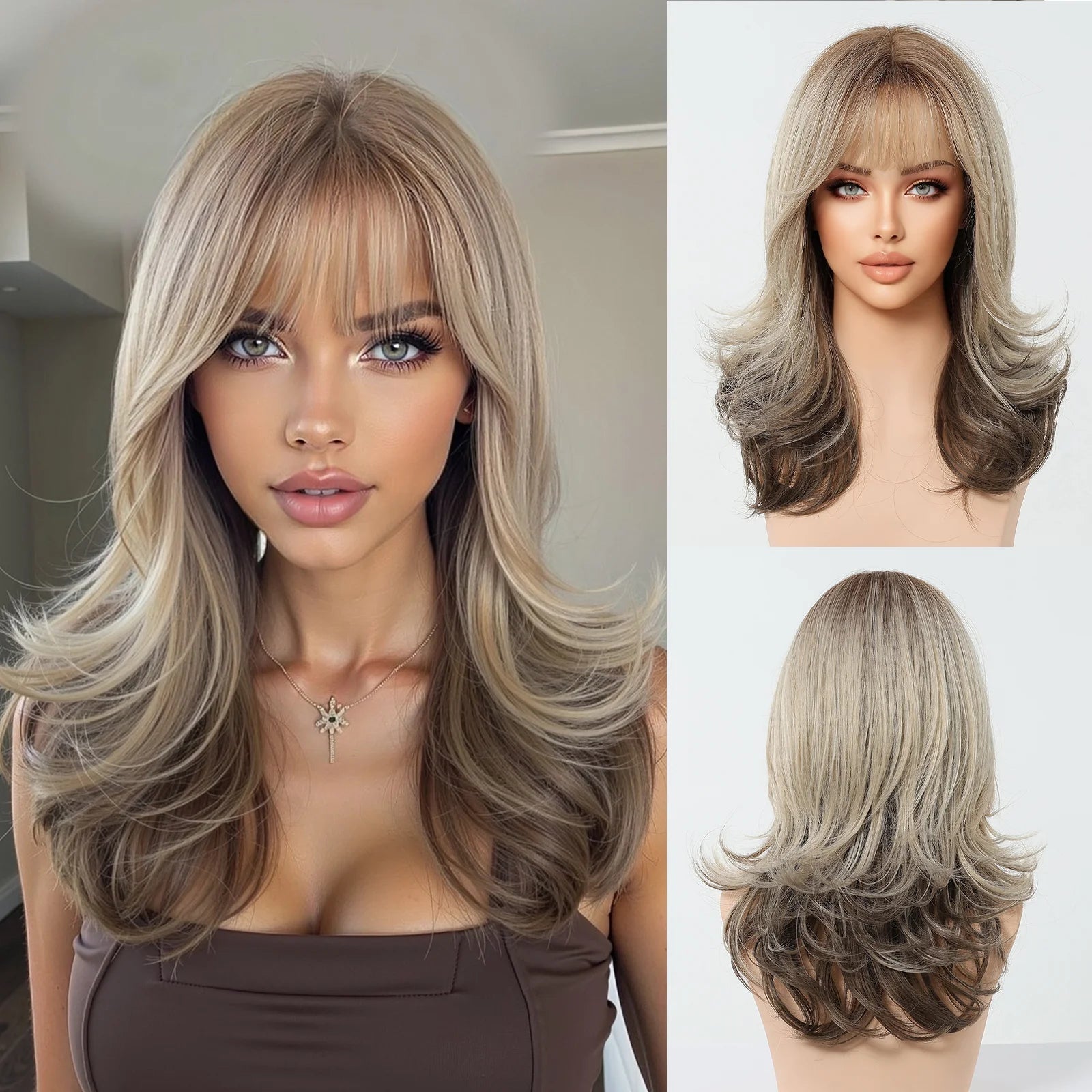 Pelucas Allbell Magique de largo ondulado en capas, pelo marrón miel con flequillo lateral para mujeres, pelucas sintéticas naturales resistentes al calor para uso diario