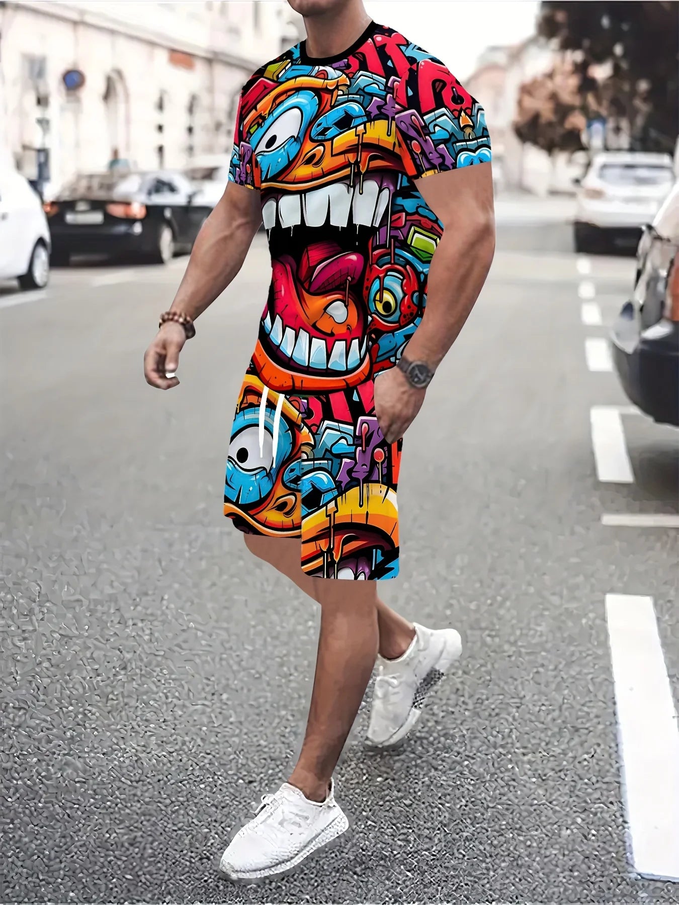 Conjunto Deportivo Casual de Verano para Hombre, Estilo Holgado, Moderno, con Estampado de Grafiti, Cuello Redondo, Manga Corta, Dos Piezas con Pantalones Cortos