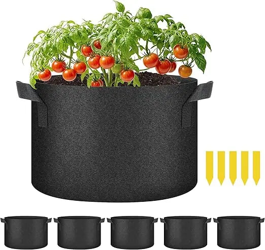 Paquete de 5 Bolsas de Cultivo de Tela + Alfombrillas Antihierbas y Etiquetas Gratis, Macetas de Tela No Tejida para Tomates, Fresas y Vegetales, Macetas de Poda Aérea Tamaños S/M/L/XL/2XL/3XL