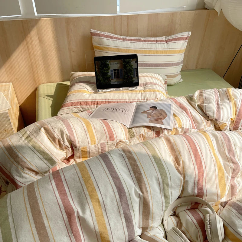 Juego de cama suave de algodón 100%, funda nórdica con estampado de rayas y funda de almohada, ropa de cama, colcha, fundas de almohada, juegos de edredón